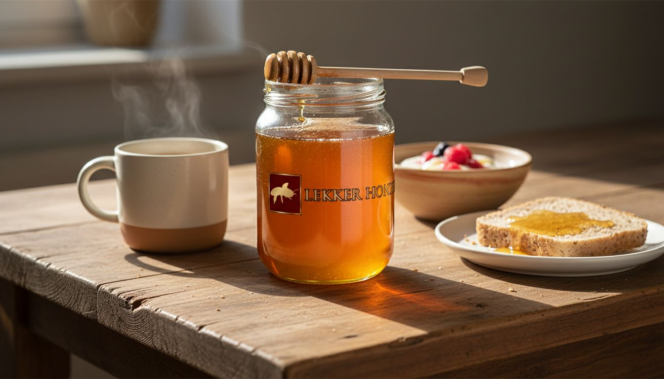 Een potje honing prijkt op de ontbijttafel, klaar om brood en yoghurt extra lekker te maken.