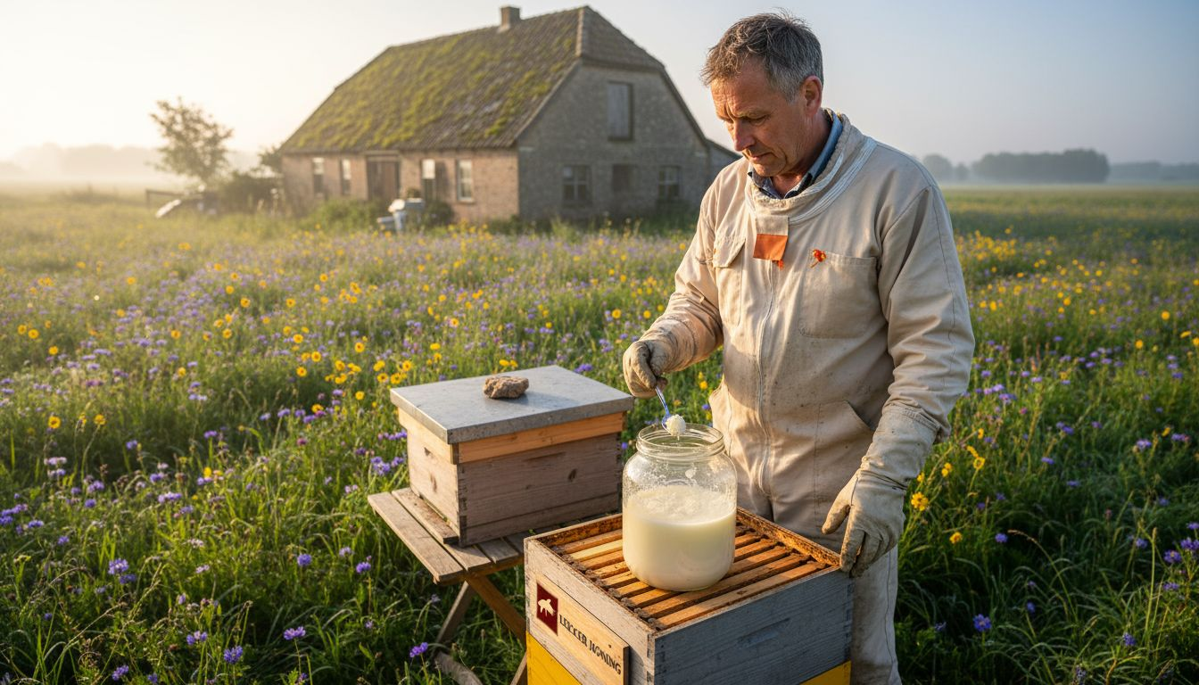 Een imker oogst koninginnengelei bij zijn bijenkasten.