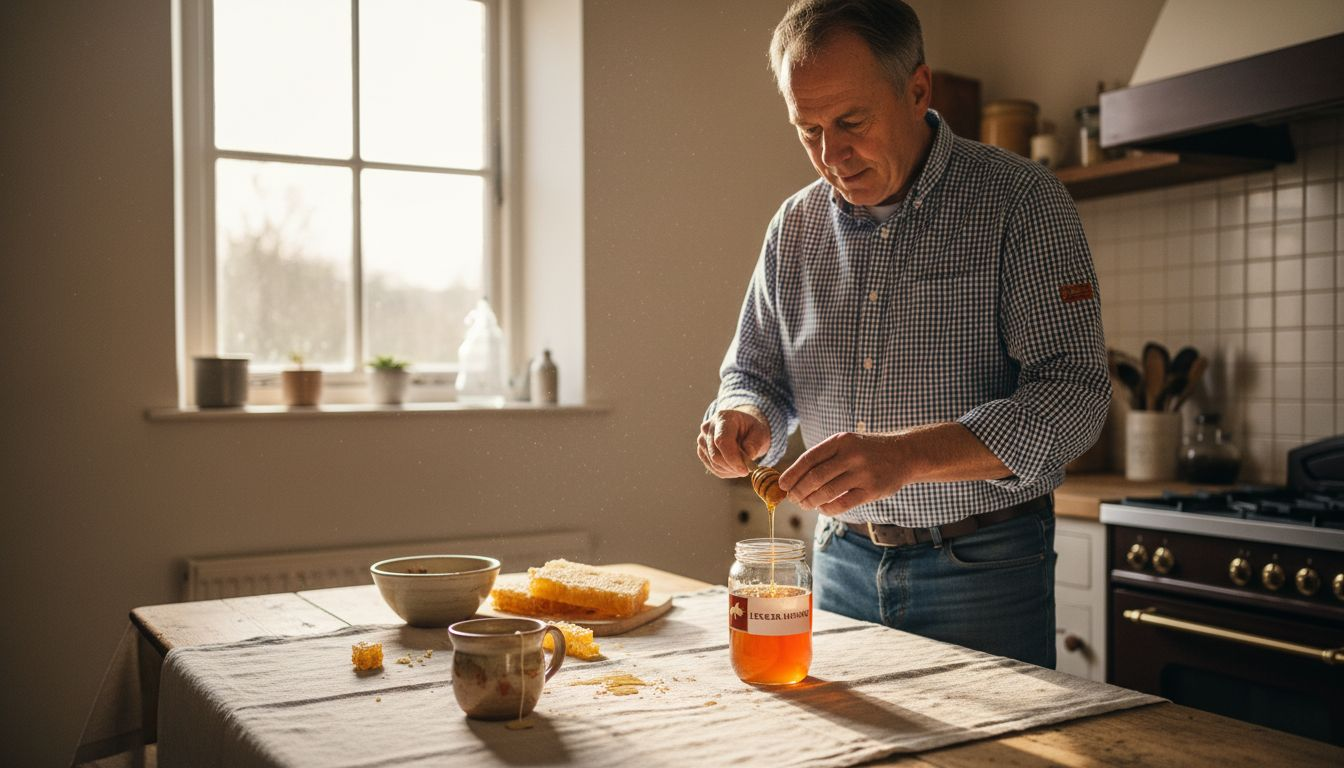 Een imker laat een straaltje honing uit de pot glijden in een sfeervolle, landelijke keuken.