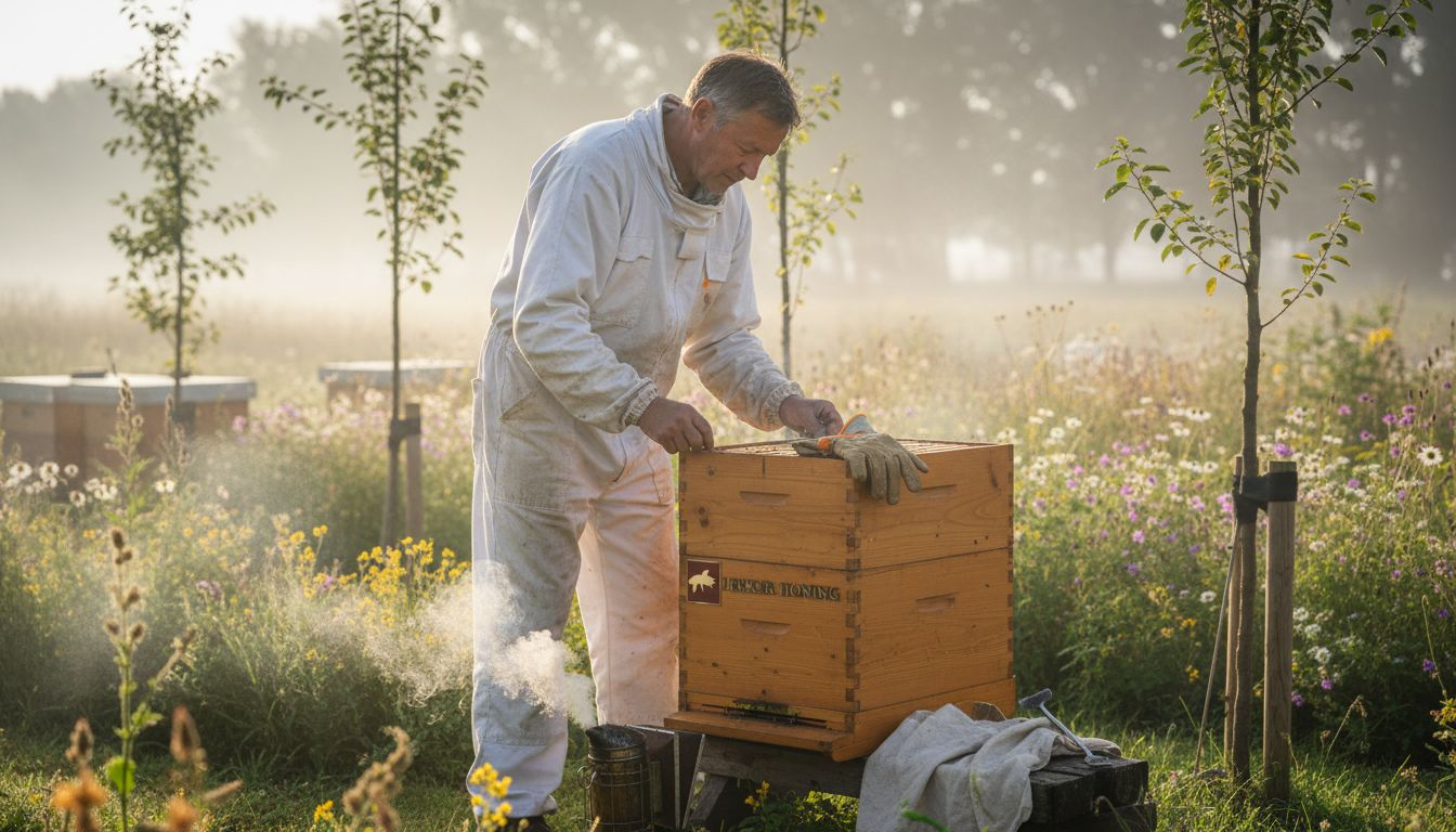 Een imker kijkt zijn bijenkast na in een tuin vol bloeiende bloemen.