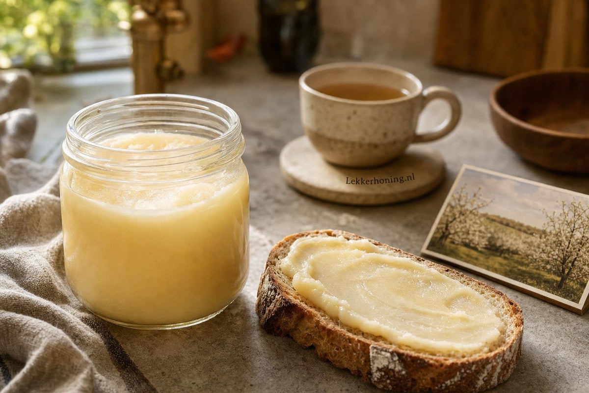 Pot crèmehoning met smeerbare honing op brood in warm ochtendlicht