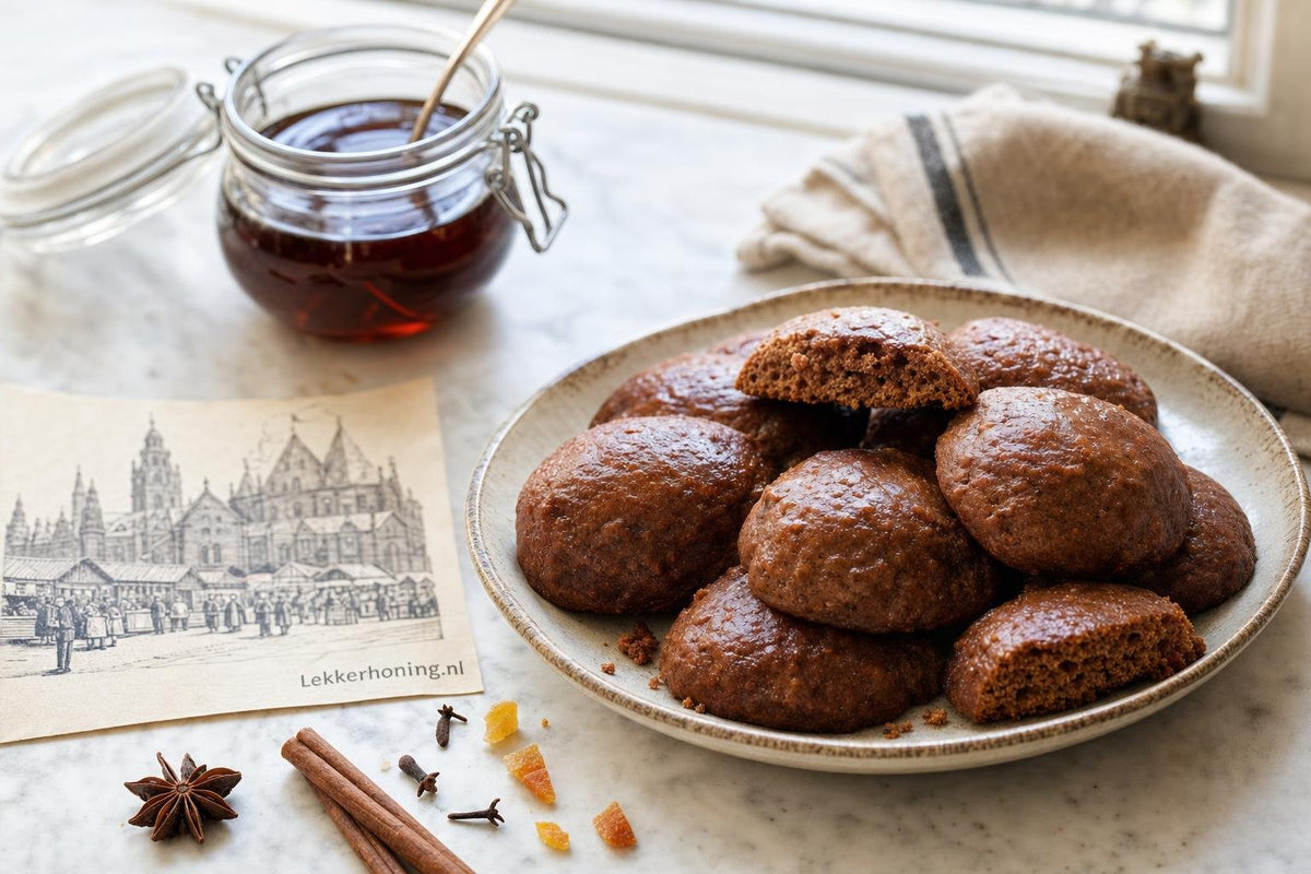 Zelfgemaakte lebkuchen met donkere honing op een bord in zacht daglicht.