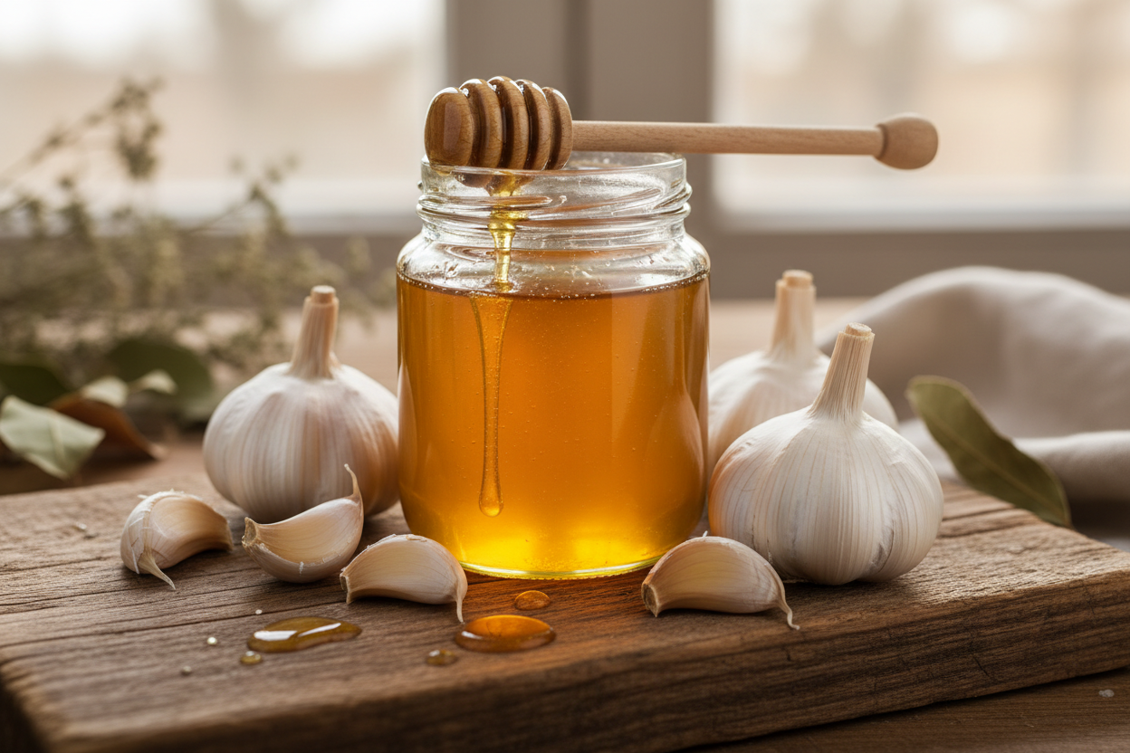 Pot met rauwe honing en verse knoflooktenen