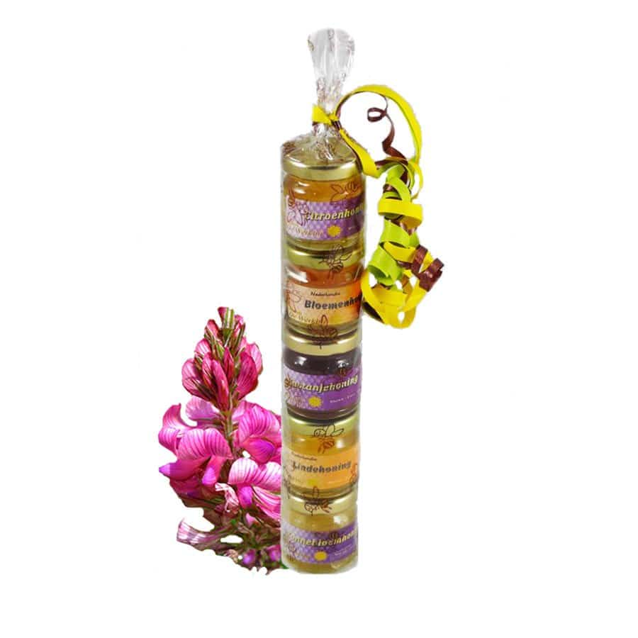 Honingtoren in kokertje 5 potjes 50 gram- Lekkerhoning.nl