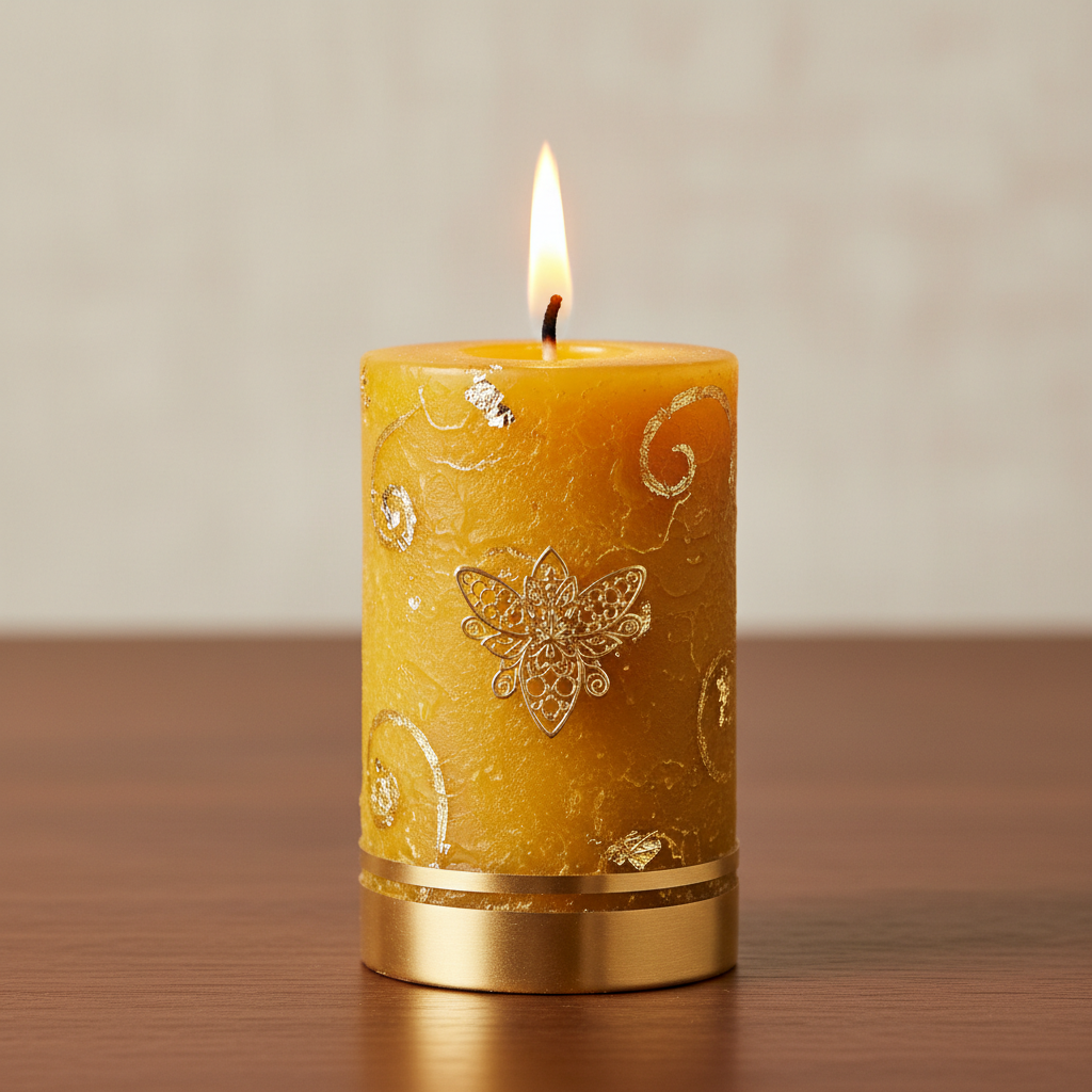 brandend bijenwas kaars met goud 1:1