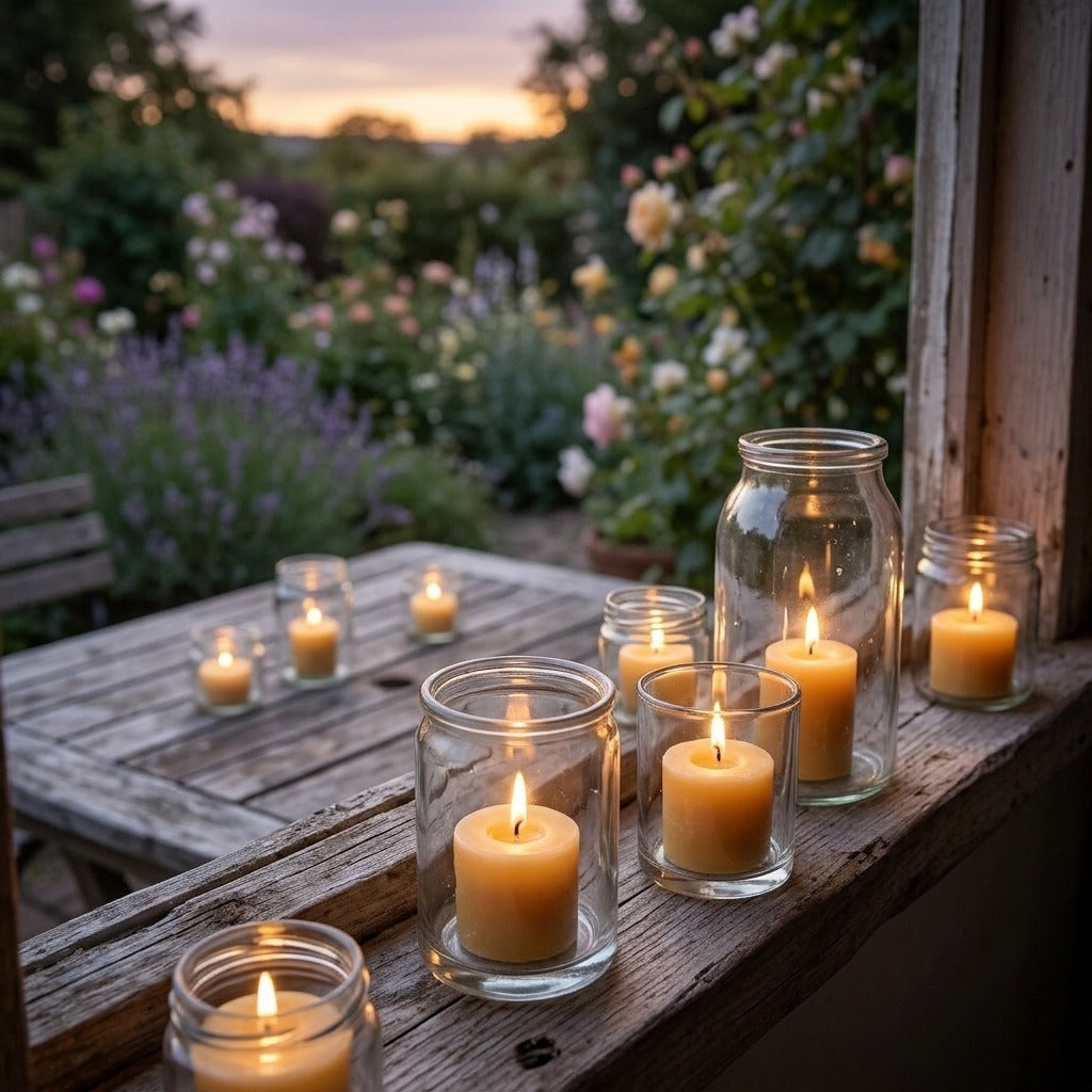 Grote bijenwas waxinelichtjes in glazen potjes op een tuintafel bij avondlicht