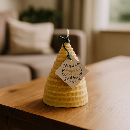 Kleine korfkaars gerold van prachtige 100% natuurzuivere bijenwas - heerlijk honingachtig geur - www.lekkerhoning.nl