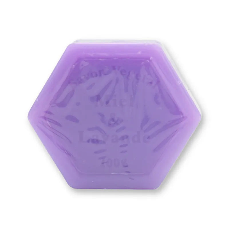 Plantaardige honingzeep lavendel 100 gram, zeshoekige zeep met opdruk Miel & Lavande