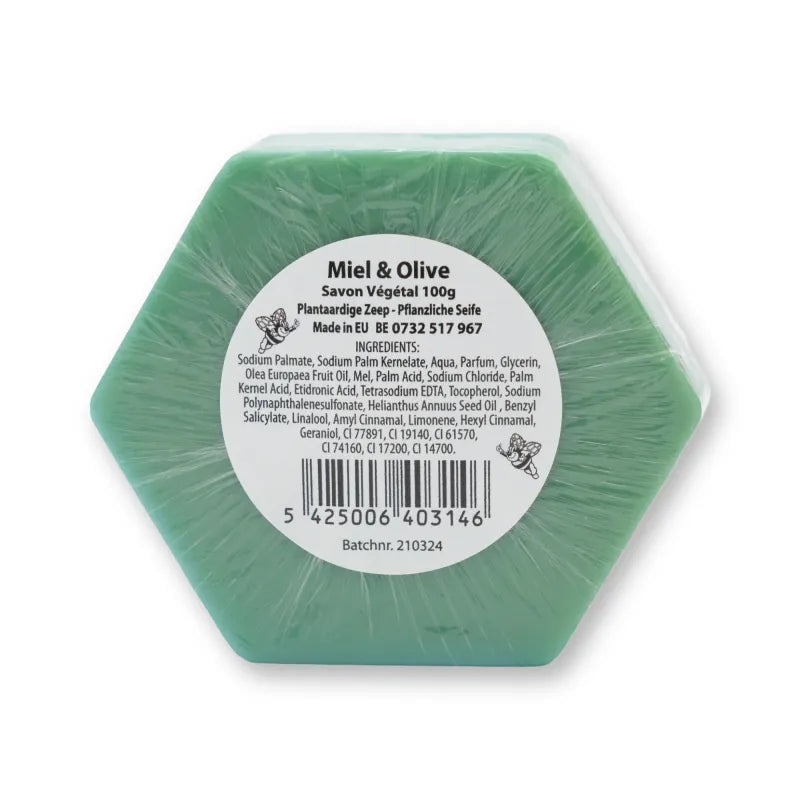 Plantaardige honingzeep olijf 100 gram, achterkant met etiket en ingrediënten