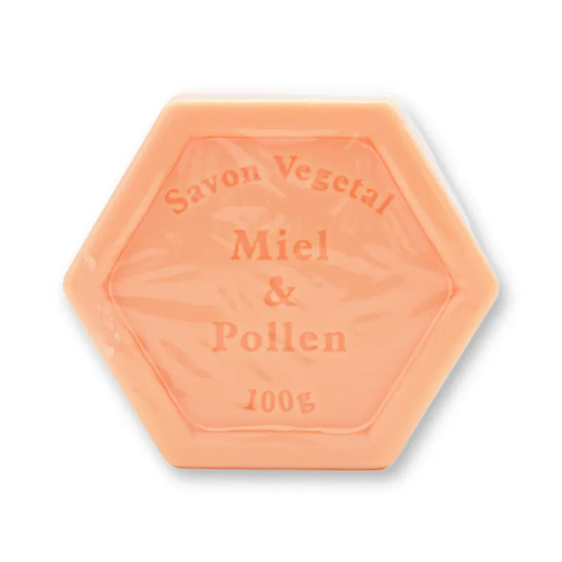 Plantaardige honingzeep stuifmeel 100 gram, zeshoekige zeep met opdruk Miel & Pollen