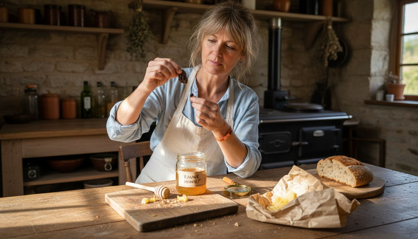 Aan de keukentafel maakt een vrouw een zorgvuldige keuze tussen verse propolis en honing.