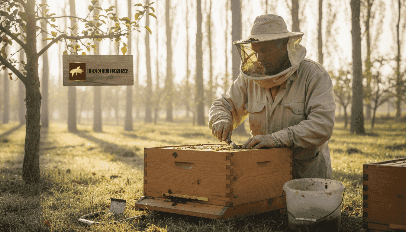 Een imker verzamelt propolis uit een bijenkast op het platteland.