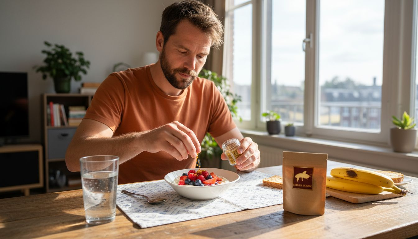 Een man strooit bijenpollen over zijn yoghurt tijdens het ontbijt.