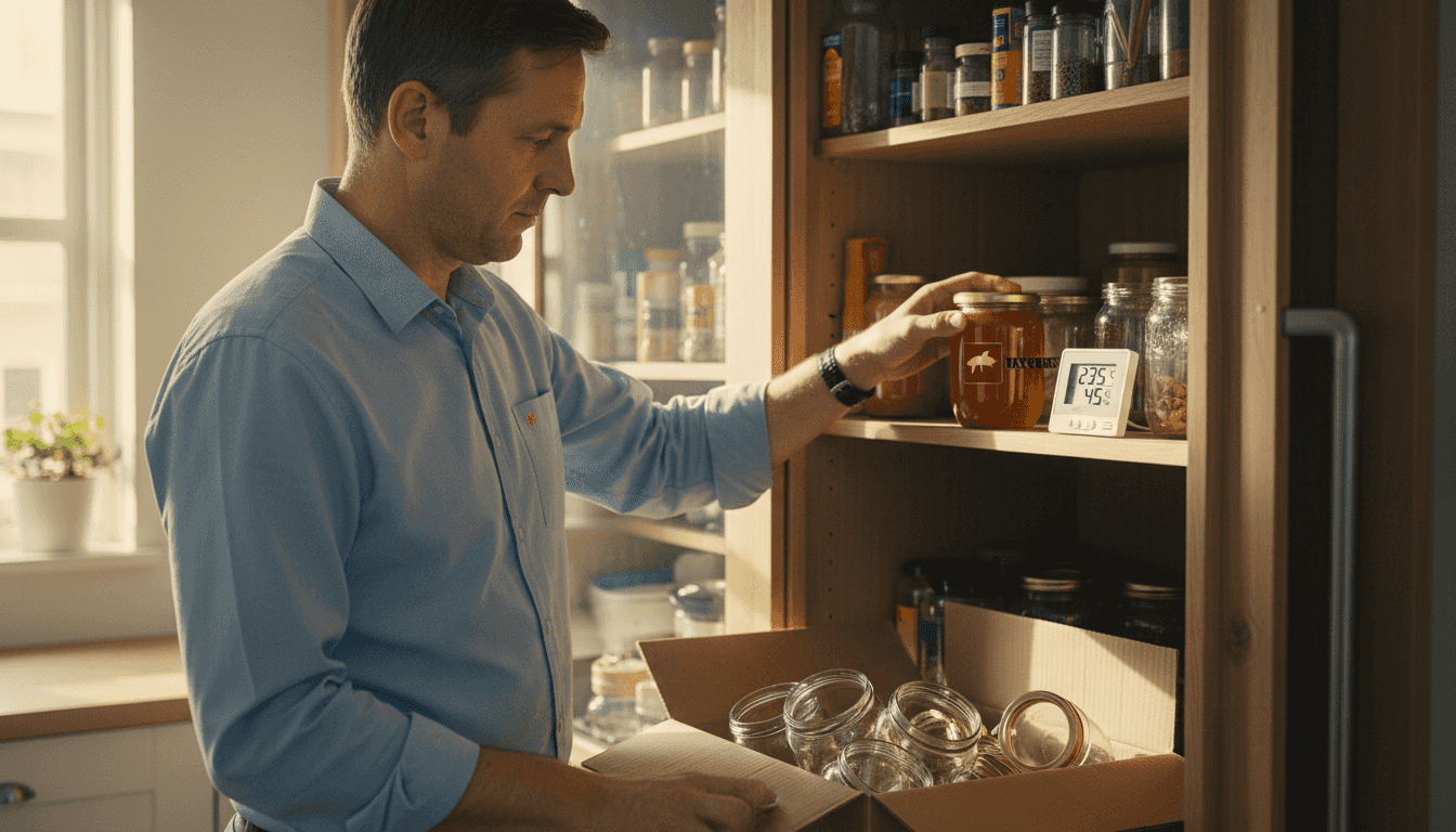 Een man zet een pot honing weg in een keukenkastje dat goed dicht kan.