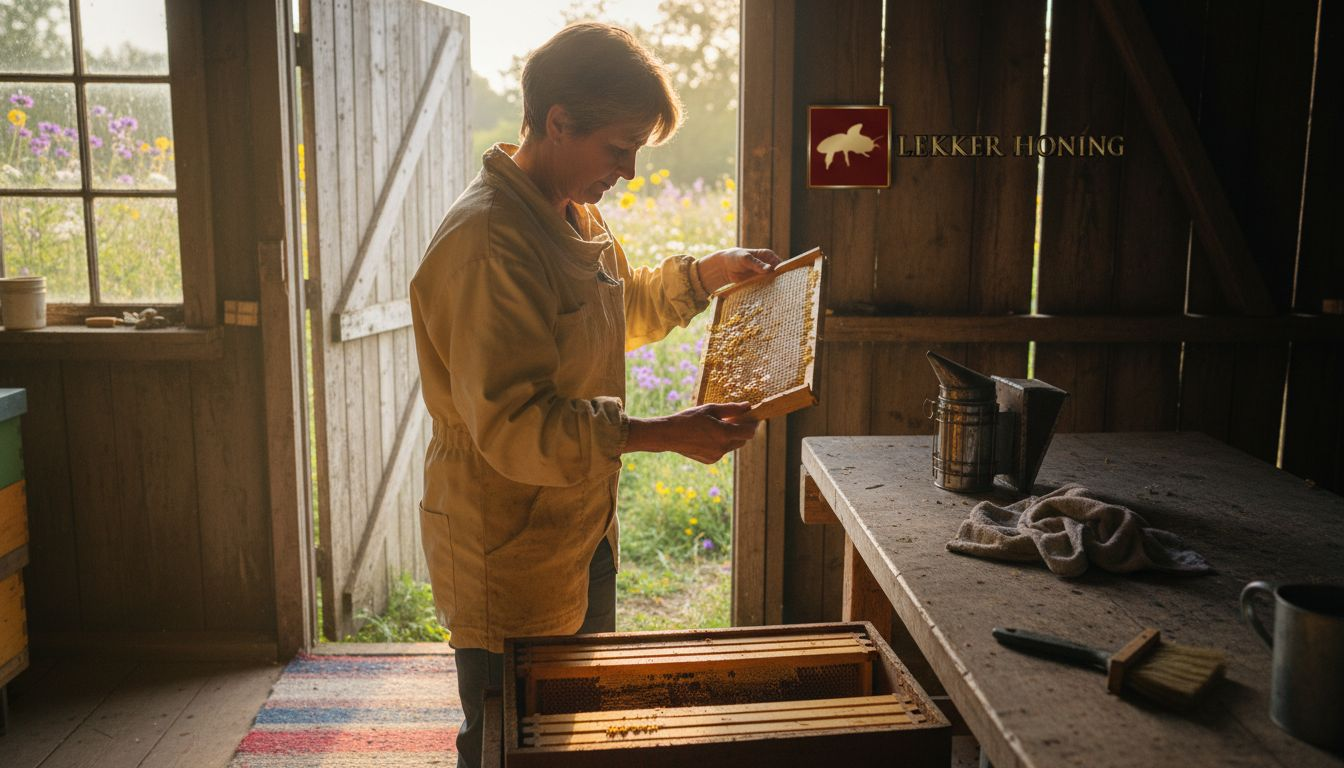 Een imker bekijkt de honingraat in zijn schuur.
