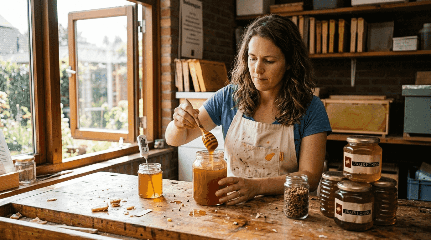 In haar werkplaats verwerkt deze vakvrouw pure, onbewerkte honing tot ambachtelijke producten.