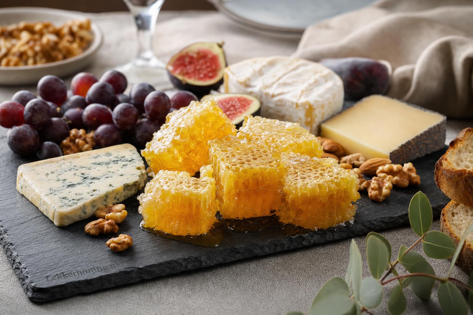 Borrelplank met verschillende stukken raathoning, kaas en fruit als keuzehulp voor raathoning.