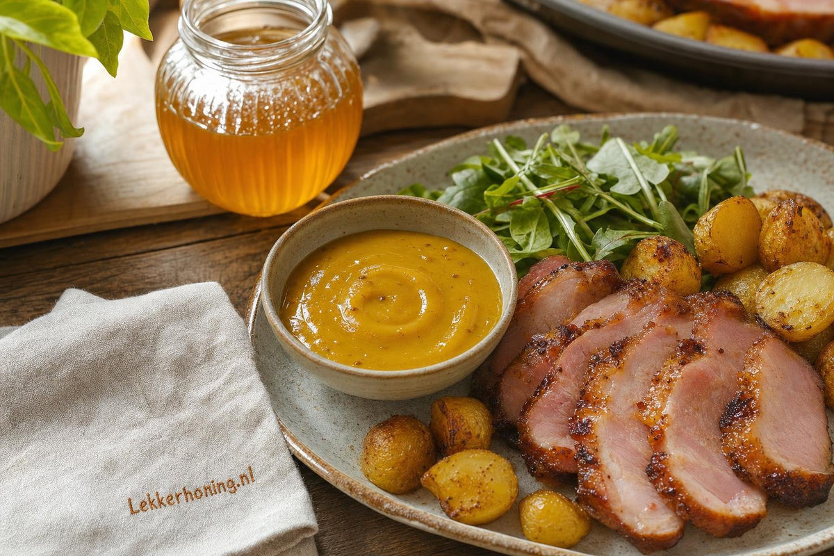 Kom goudgele honing-mosterdsaus naast geglaceerde beenham en salade op een Nederlandse keukentafel.
