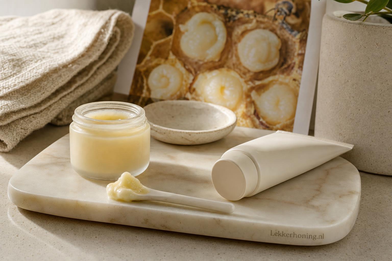 Koninginnegelei crème of uiercrème kiezen op een lichte badkamerplank met royal jelly crème in potje en eenvoudige tube.