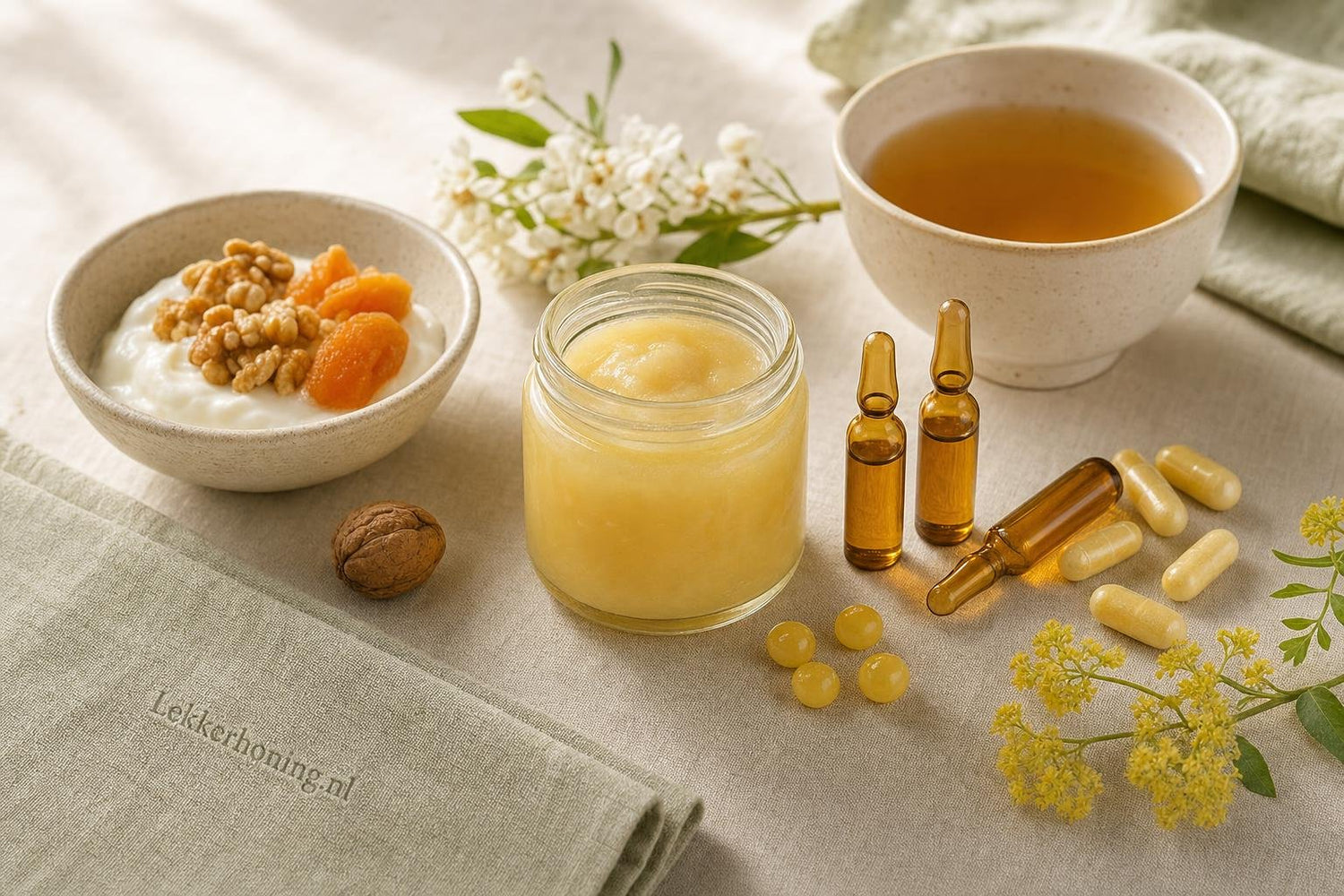 Seizoensachtige tafel met royal jelly potje, ampullen en capsules op linnen met subtiele Lekkerhoning.nl branding.