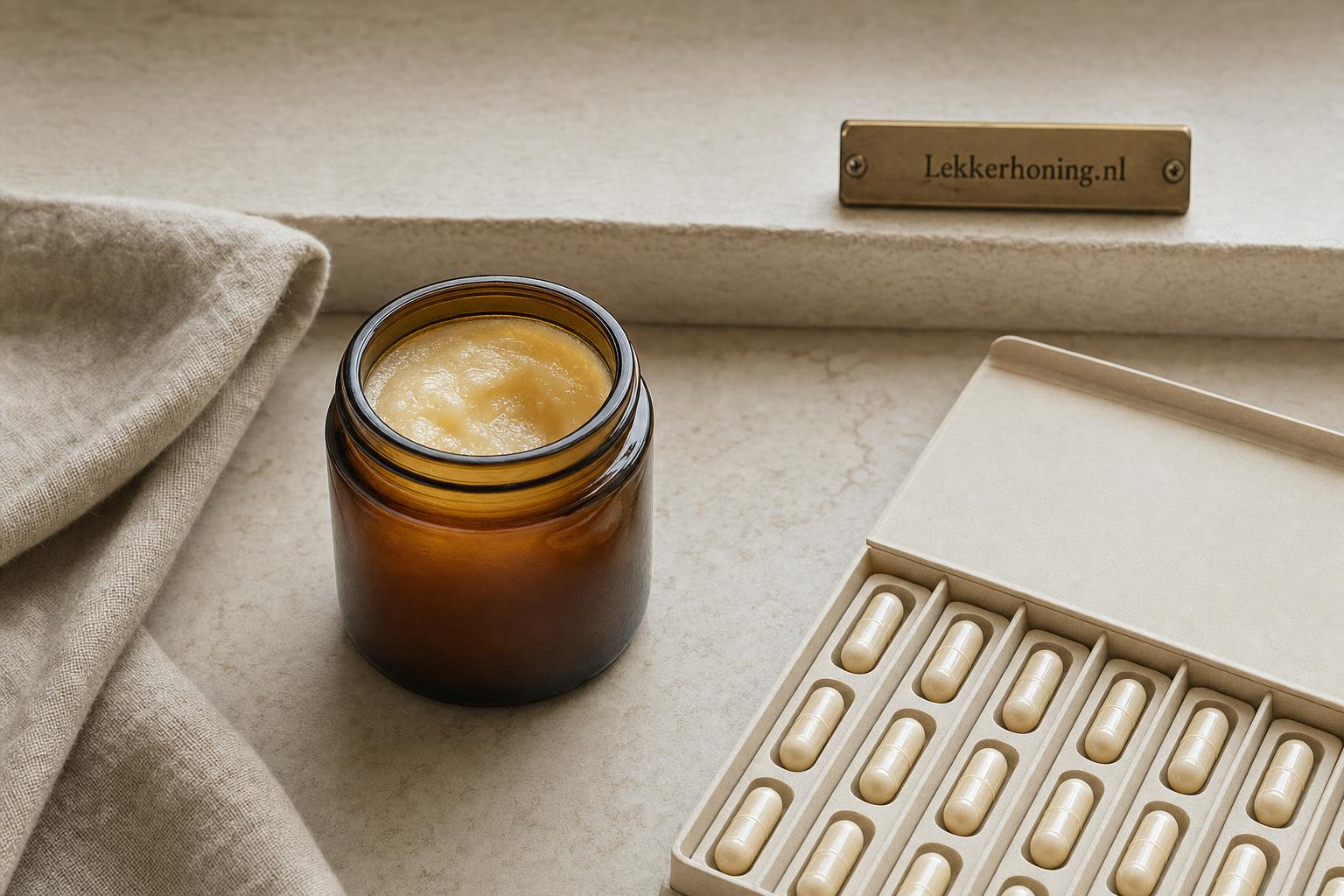 Vergelijking van royal jelly capsules en pure royal jelly in een potje op een neutrale achtergrond.
