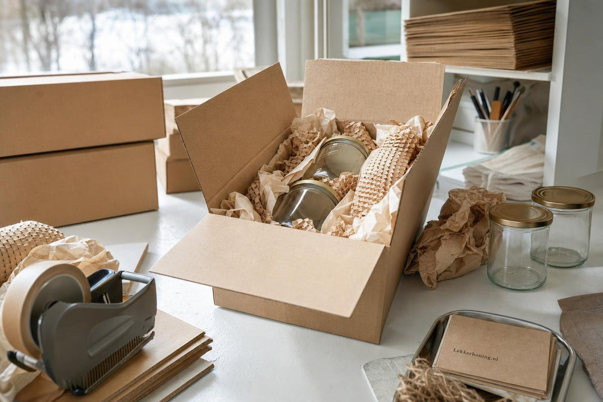 Webshop verzendstation met glazen potjes, kartonnen dozen en opvulmateriaal voor glazen potjes versturen.