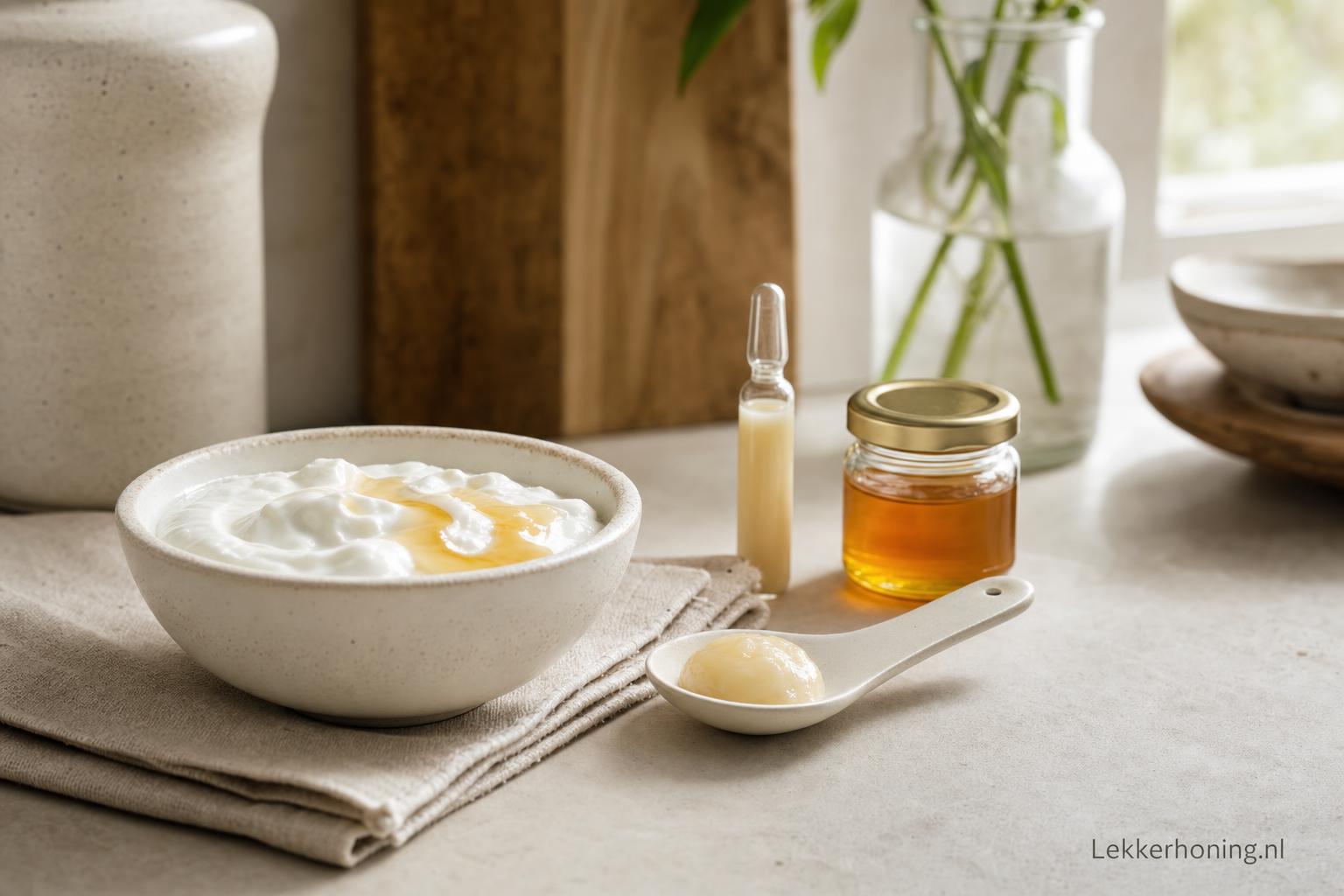 Royal jelly combineren met honing in een rustige ochtendroutine met yoghurt, honing en ampul.