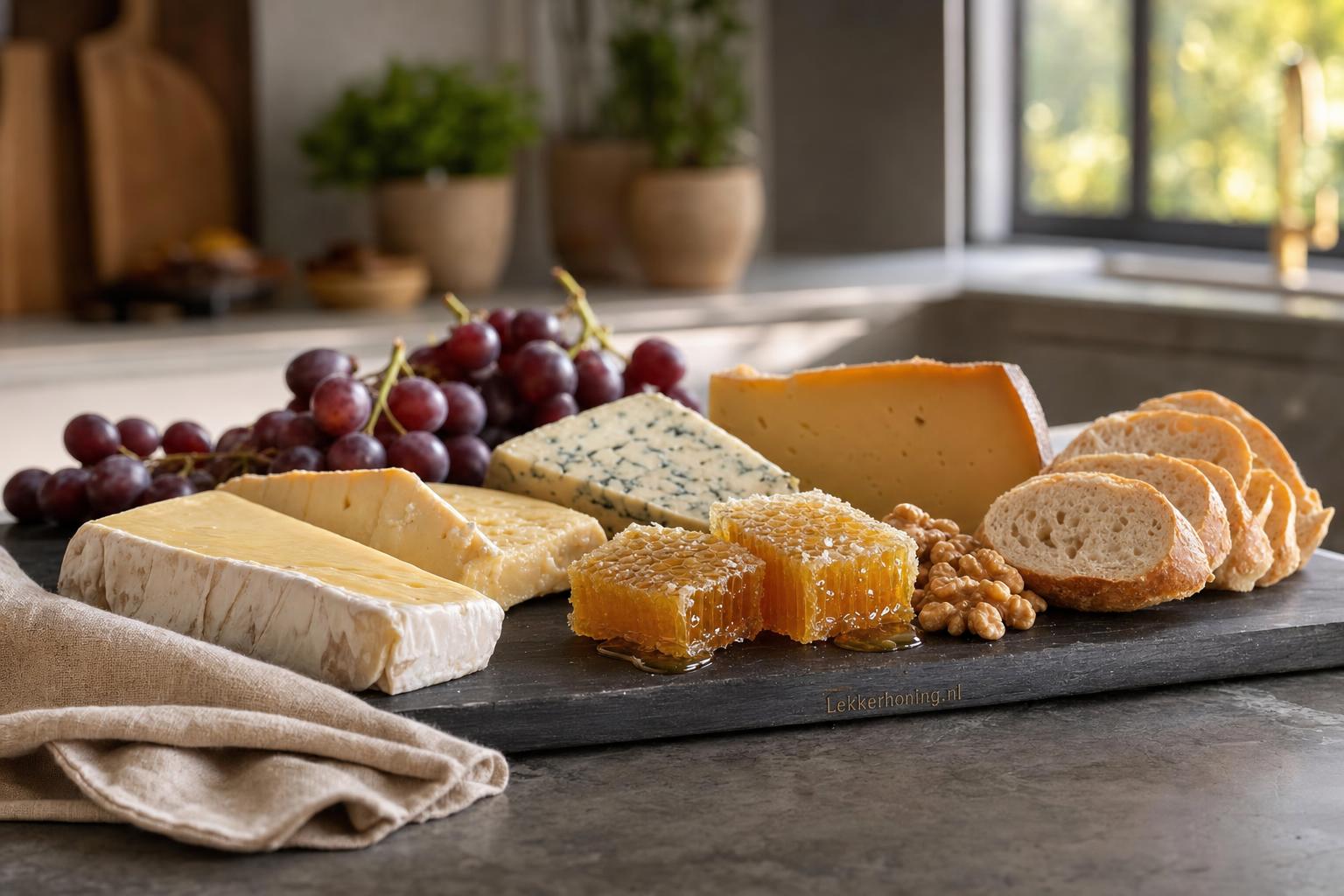 Elegante kaasplank met raathoning, kazen, brood, noten en fruit voor een borrelmoment.