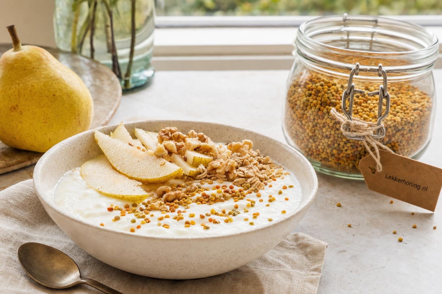 Ontbijttafel met yoghurt, granola en bijenpollen in yoghurt in een lichte keuken