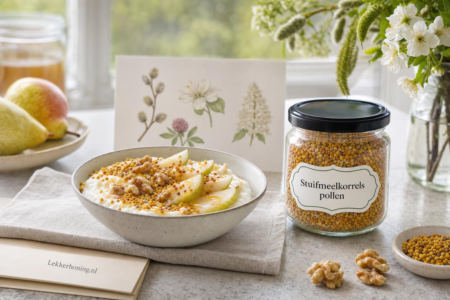 Bijenpollen in yoghurt met peer en walnoten op een lichte ontbijttafel