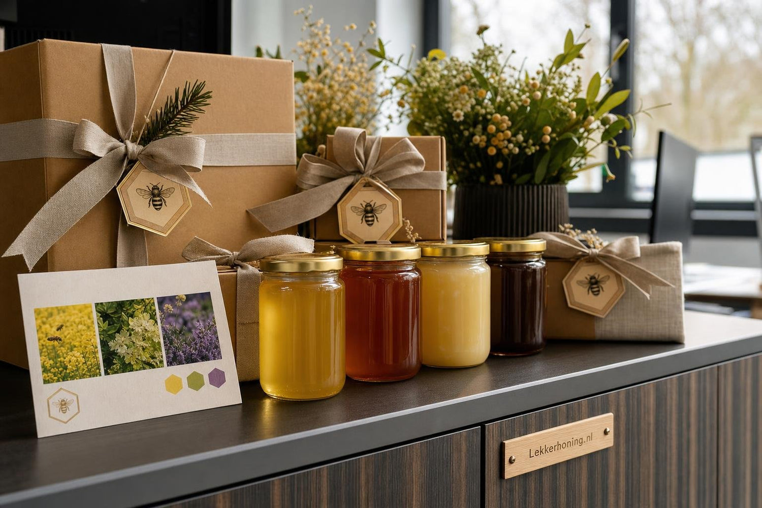 Kerstpakket honing bestellen voor bedrijven met licht strogele, amberkleurige en donkerbruine honing in warme cadeaupresentatie.
