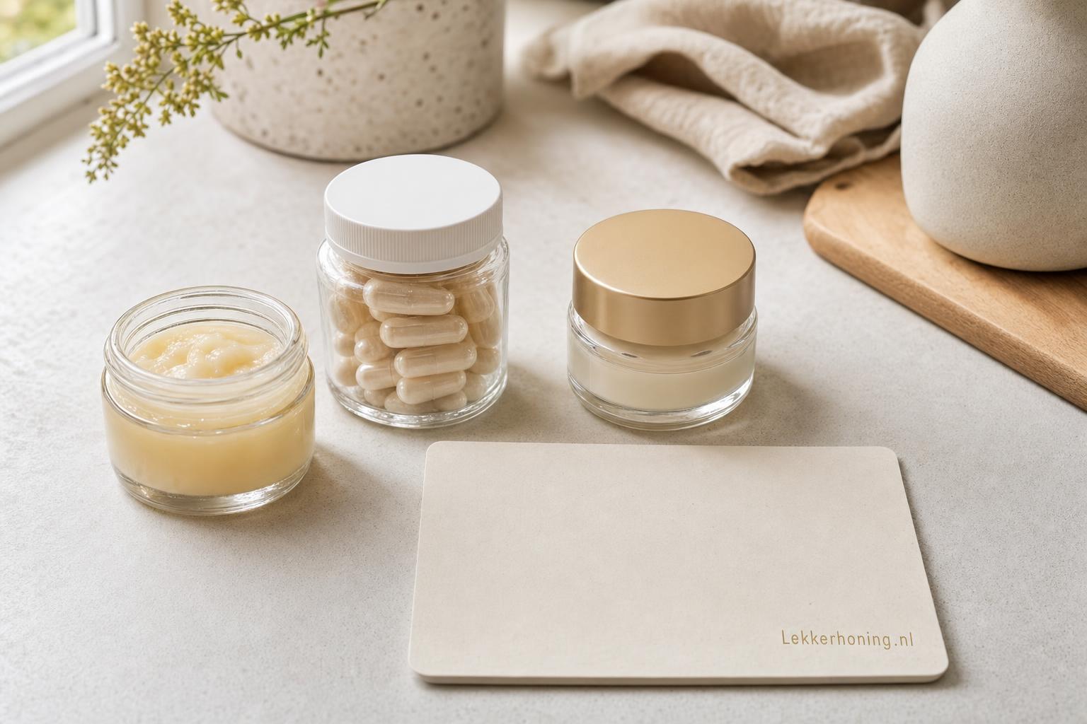 Royal jelly kopen waar let u op bij puur product, capsules en crème op een rustige producttafel van Lekkerhoning.nl.