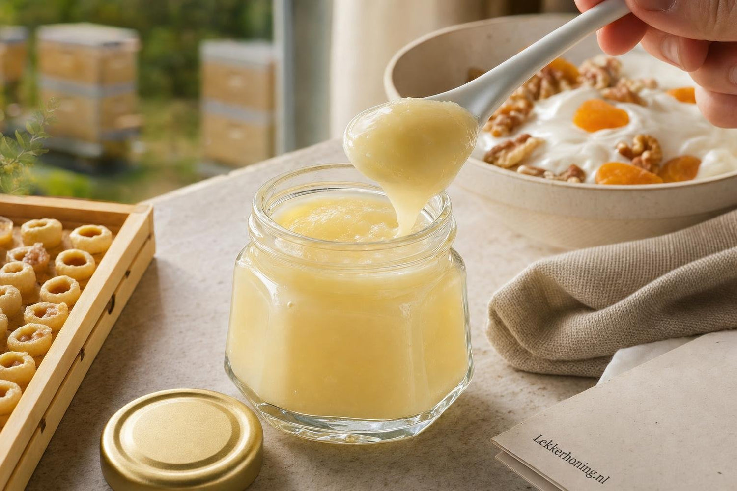 Potje royal jelly op een ontbijttafel met ivoorkleurige romige koninginnegelei