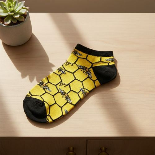 Enkelsokken met Bijenprint en Honingraat - Leuke Bijensokken Dames & Heren- Lekkerhoning.nl