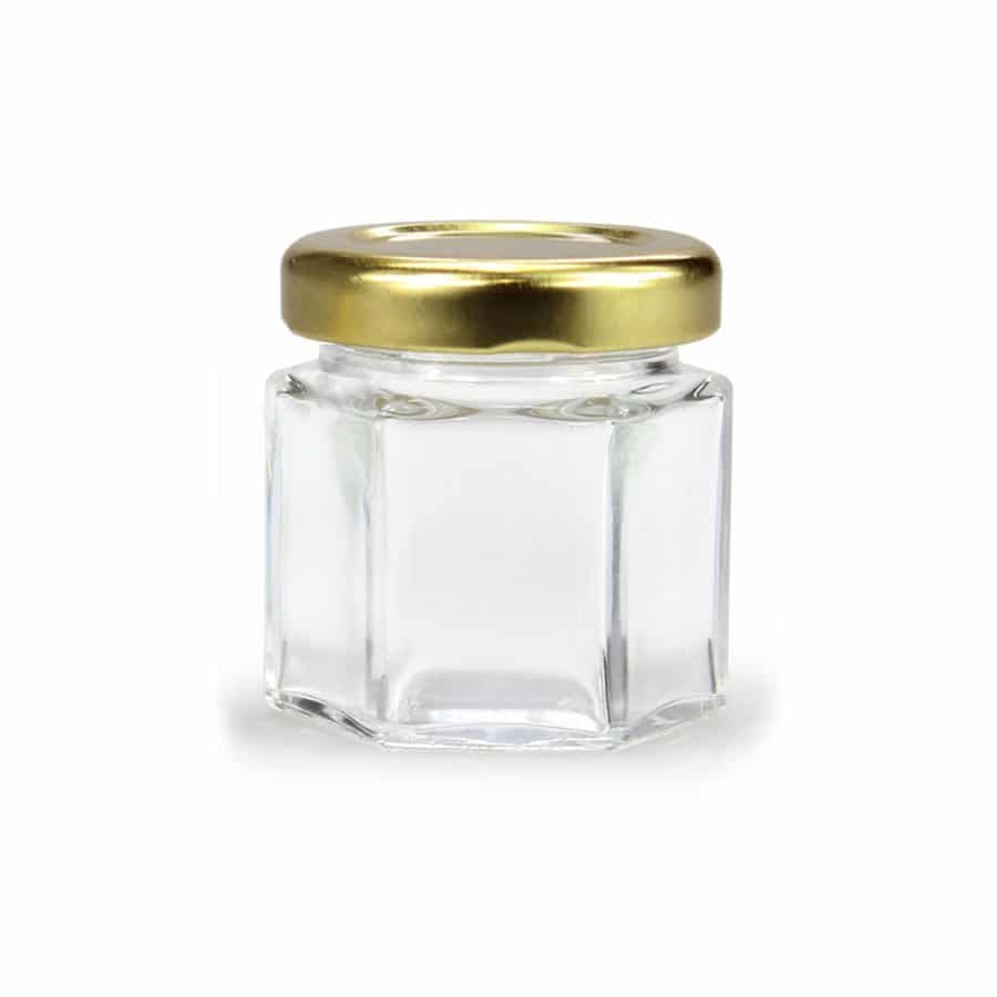 Hexagonale glazen pot 278ml (350gram) per 20 stuks (zonder deksel 63mm Hexagonale glazen pot 278ml (350gram) per 20 stuks (zonder deksel 63mm