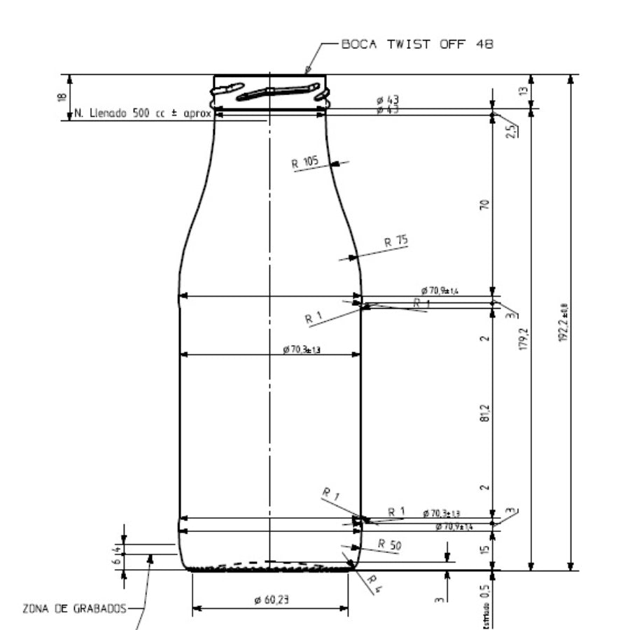Sausfles 500ml Technische tekening