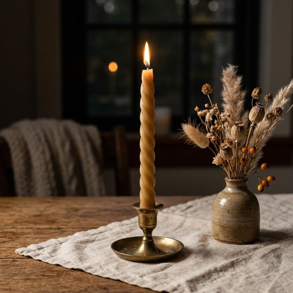 Gedraaide bijenwas dinerkaars in messing kandelaar naast gedroogde bloemen