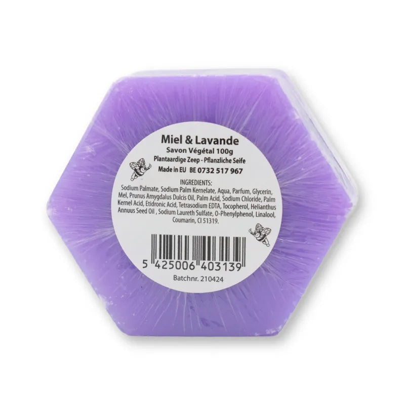 Plantaardige honingzeep lavendel 100 gram, achterkant met etiket en ingrediënten