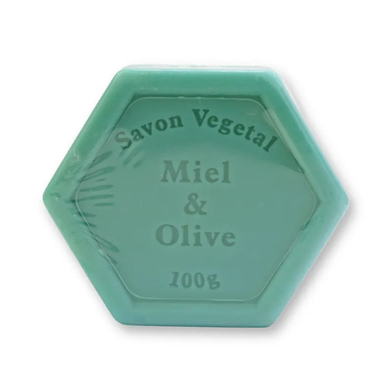 Plantaardige honingzeep olijf 100 gram, zeshoekige zeep met opdruk Miel & Olive