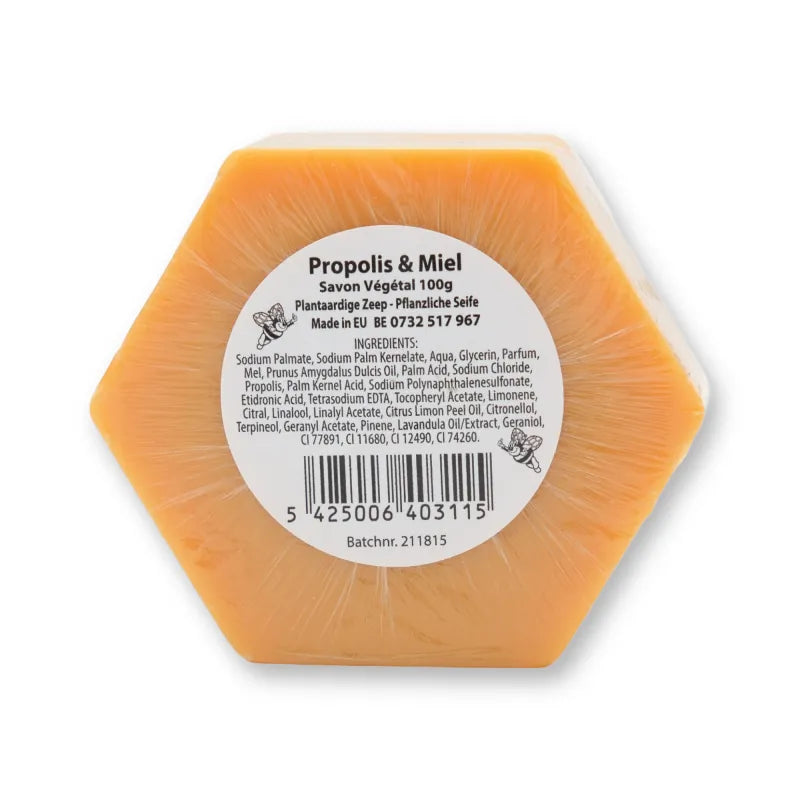 Plantaardige honingzeep propolis 100 gram, achterkant met etiket en ingrediënten
